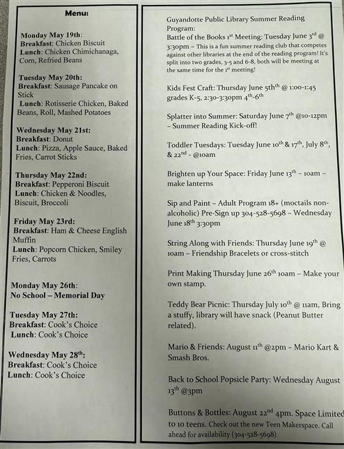 Menu and summer activities
